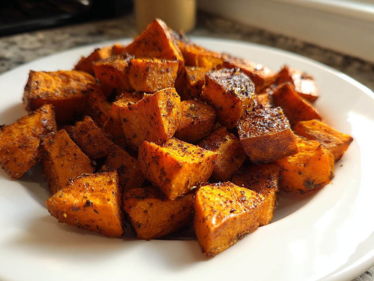 Close-up of perfectly seasoned and roasted sweet potato cubes piled on a white plate.