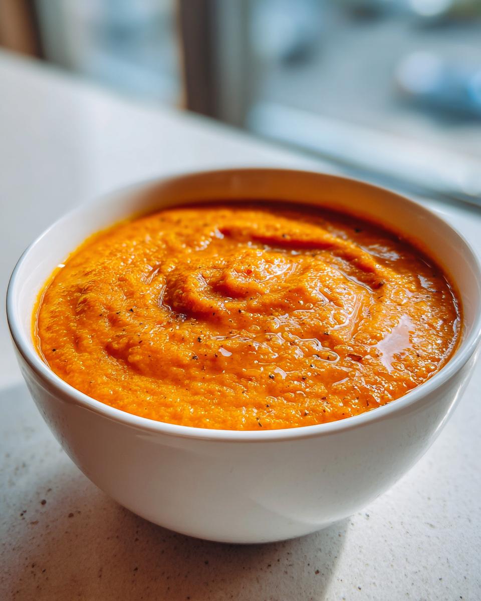 Close-up of a thick, vibrant orange roasted tomato soup, seasoned with pepper, served in a white bowl.