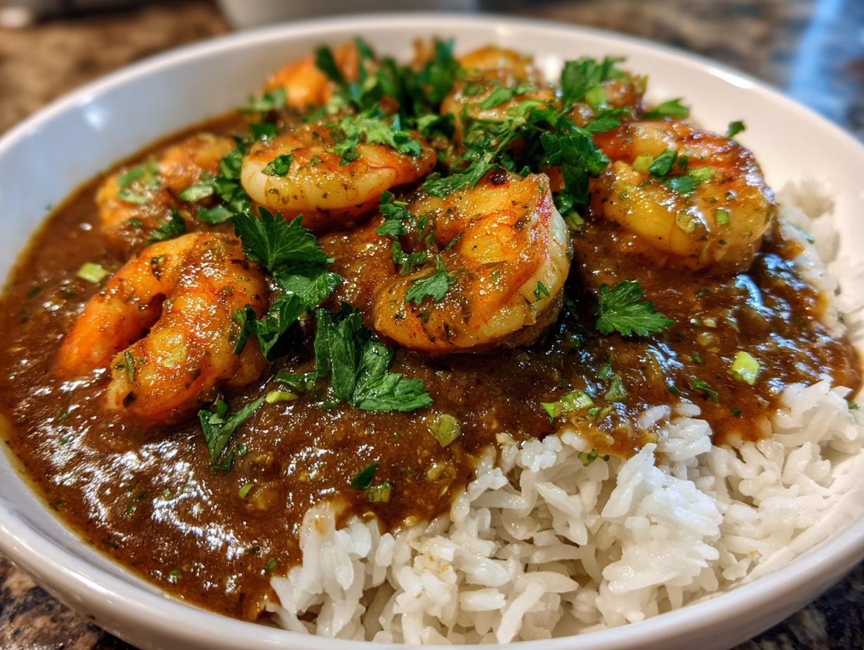 Close-up of a bowl of rich, dark shrimp etouffee served over fluffy white rice, garnished with fresh parsley.