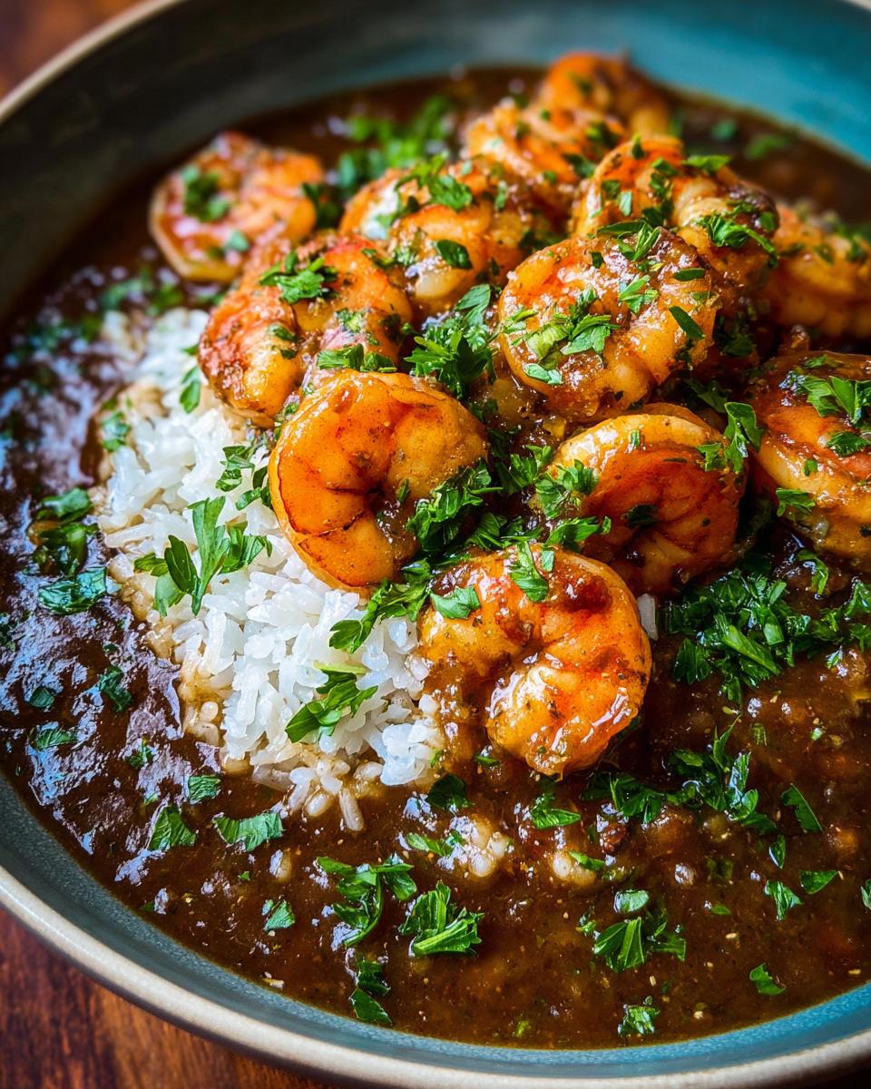 A close-up of rich, dark shrimp etouffee served over white rice and topped with plump shrimp and fresh parsley.