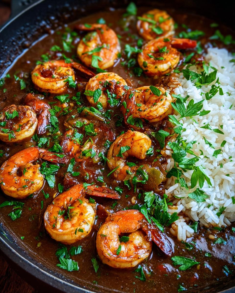 Close-up of perfectly cooked shrimp in a rich, dark sauce, served next to fluffy white rice, making delicious shrimp etouffee.