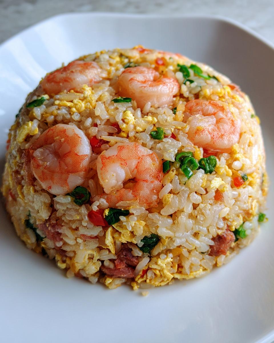 A dome-shaped serving of delicious shrimp fried rice topped with whole cooked shrimp.