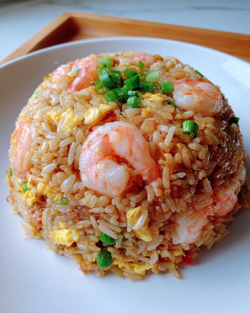 A mound of flavorful shrimp fried rice topped with whole shrimp and chopped green onions.