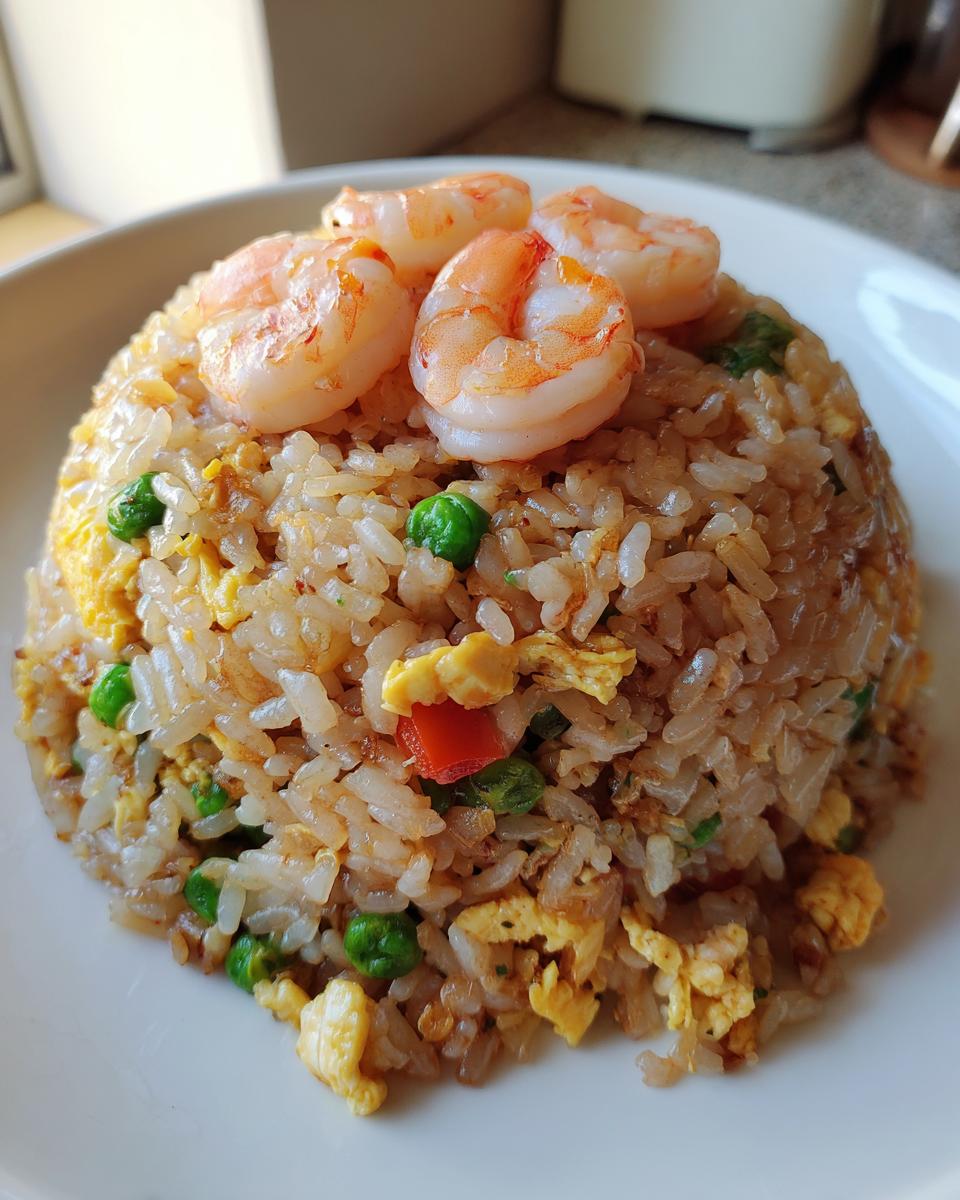 A mound of freshly made shrimp fried rice topped with four perfectly cooked shrimp.