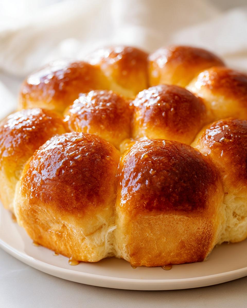 A cluster of freshly baked, soft rolls baked together and topped with a shiny, golden glaze.