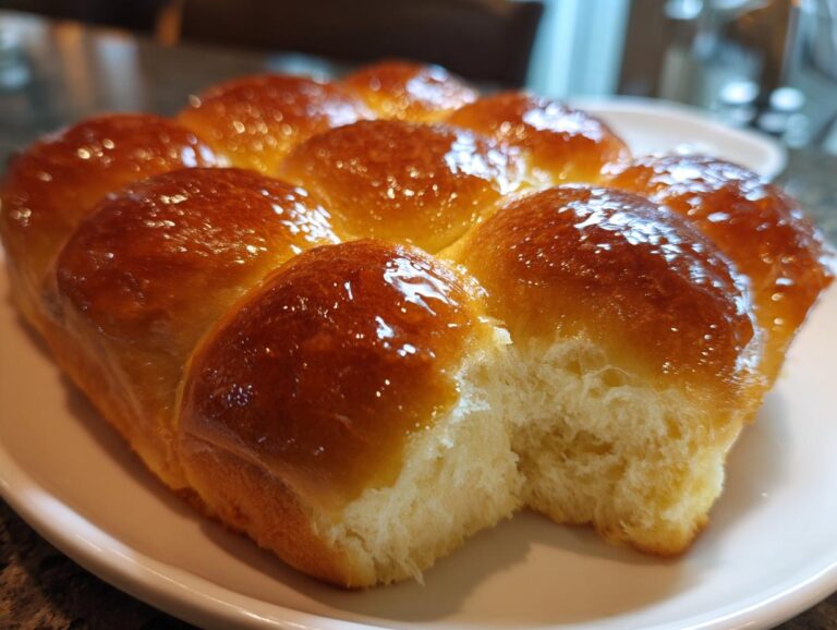 A cluster of freshly baked, shiny, golden-brown soft rolls with one piece pulled apart to show the fluffy interior.