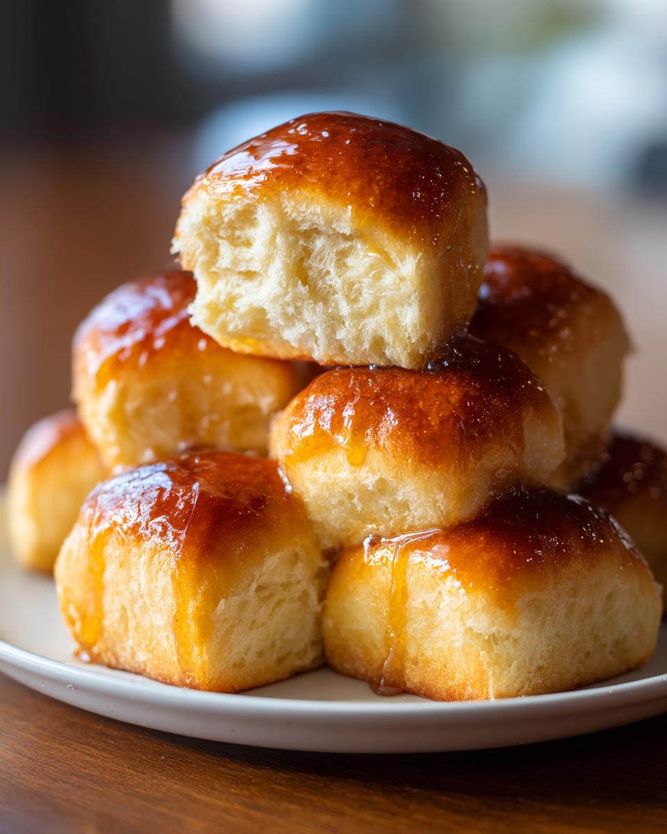 A stack of incredibly soft rolls glazed with honey or butter, with one roll broken open showing the fluffy interior.
