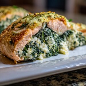 A close-up of a perfectly cooked stuffed salmon fillet overflowing with creamy spinach filling.