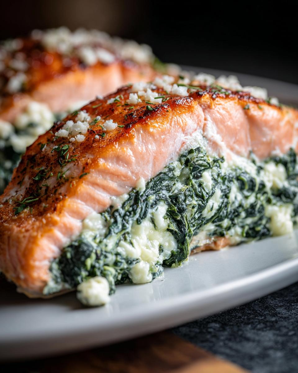 Close-up of a perfectly cooked piece of stuffed salmon, oozing creamy spinach filling, topped with herbs.