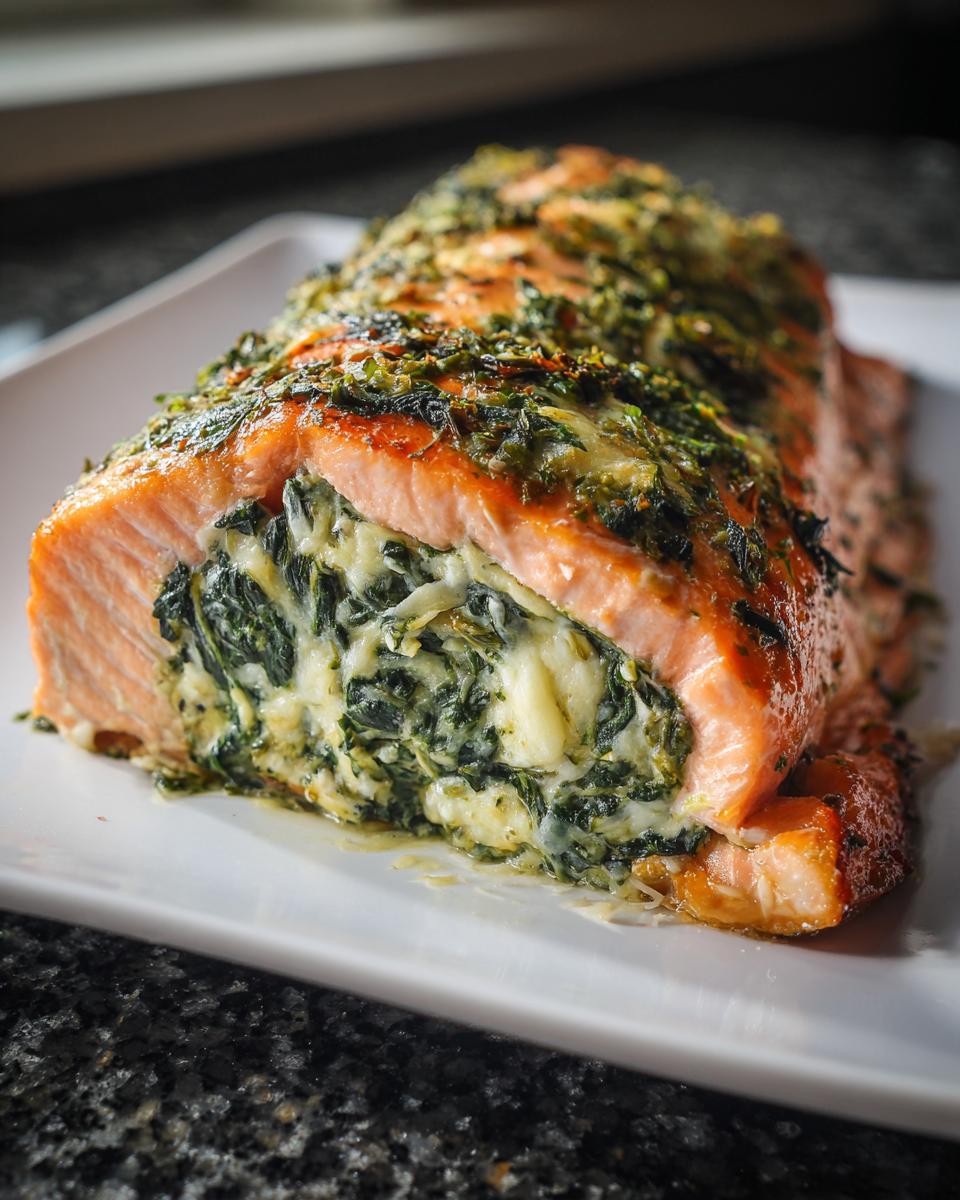 A cross-section view of amazing stuffed salmon, revealing a creamy spinach and cheese filling inside the baked fish.
