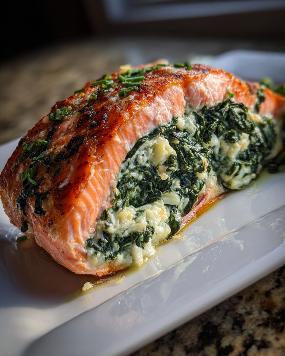 Close-up of a perfectly cooked stuffed salmon fillet with a creamy spinach and cheese filling spilling out.