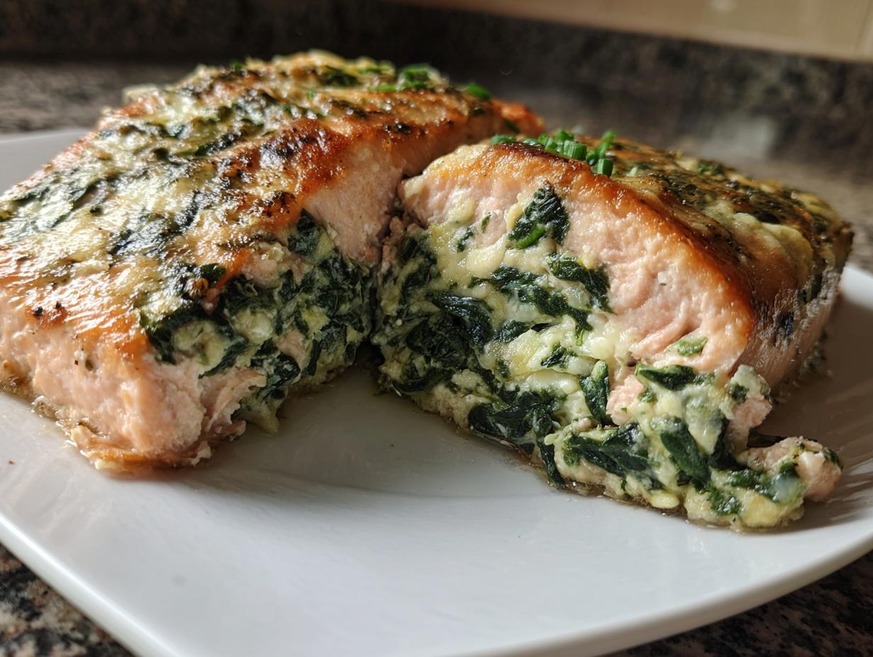 Cross-section view of amazing stuffed salmon filled with creamy spinach and cheese, baked golden brown.