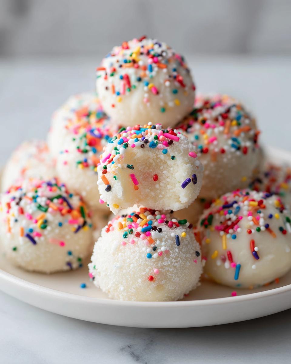 A stack of white, round sugar cookie truffles covered in colorful sprinkles on a white plate.