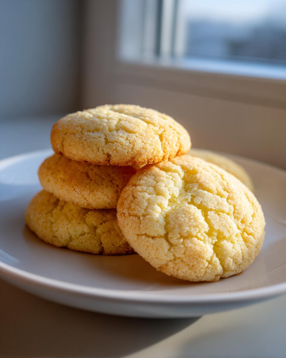 A stack of golden, crinkly-topped sugar cookies resting on a white plate near a window.