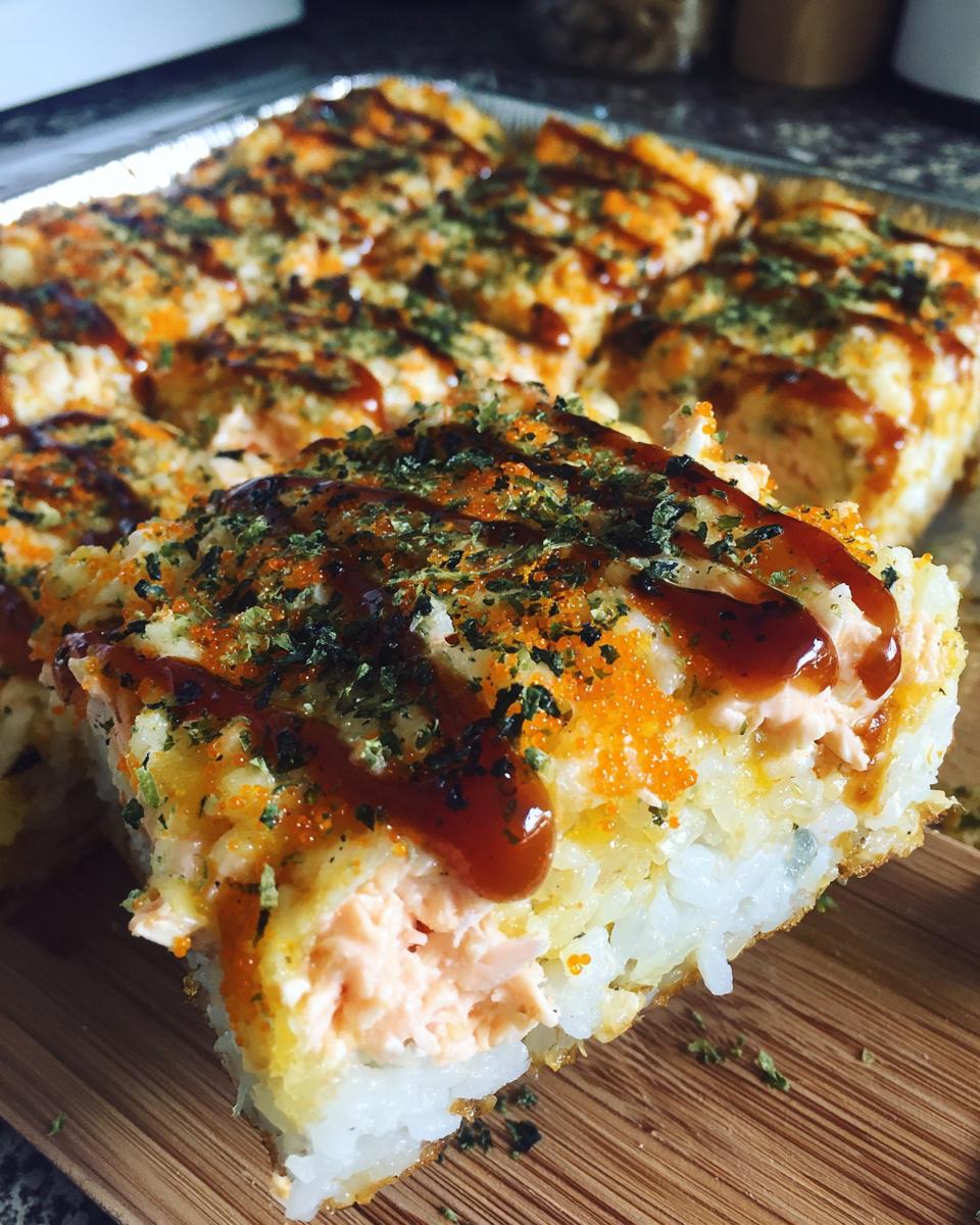Close-up of a square slice of baked sushi with salmon filling, topped with orange roe, seaweed, and a drizzle of sauce.