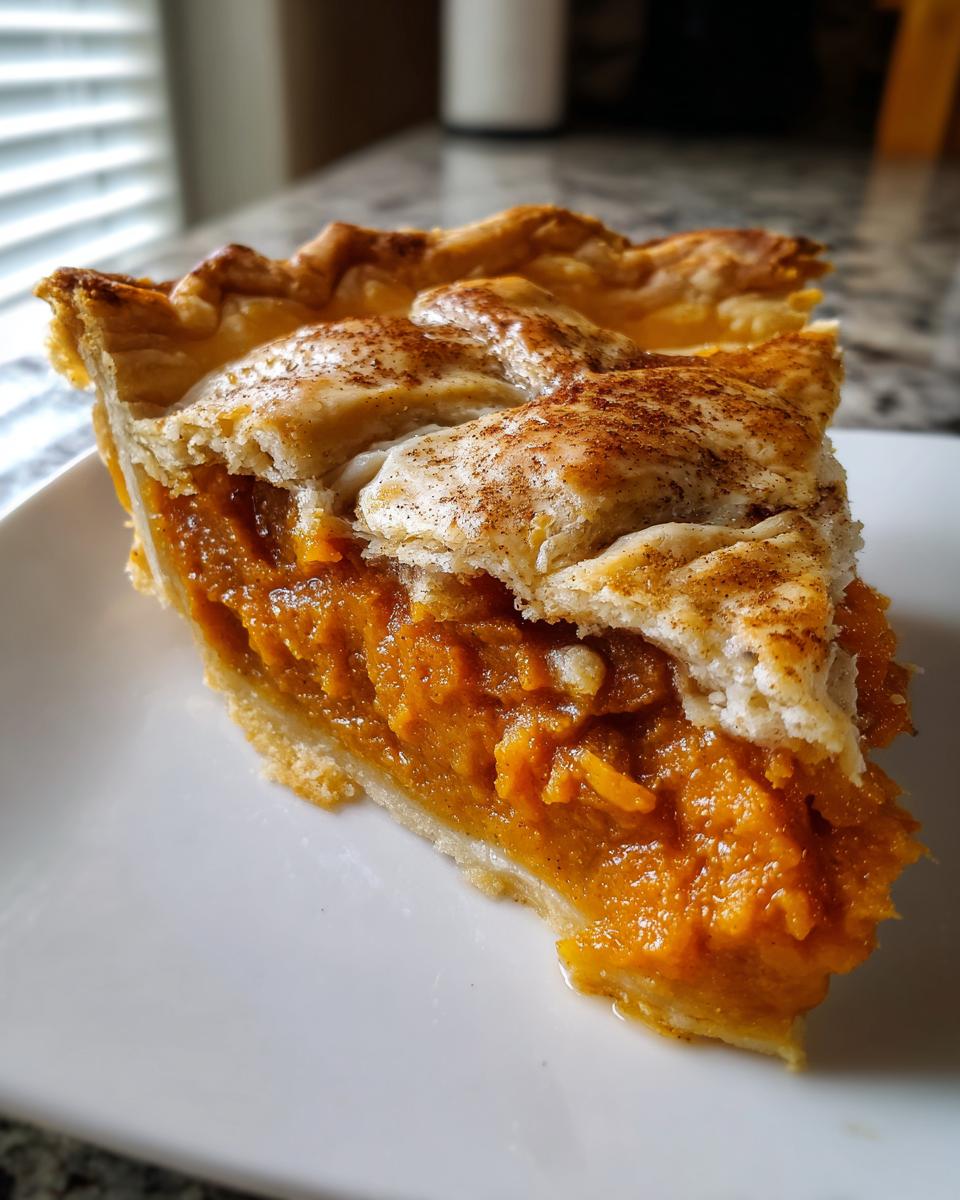 A thick slice of amazing sweet potato cobbler with a flaky, cinnamon-dusted top crust on a white plate.