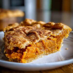 Close-up of a thick slice of amazing sweet potato cobbler showing the rich orange filling and cinnamon-dusted crust.