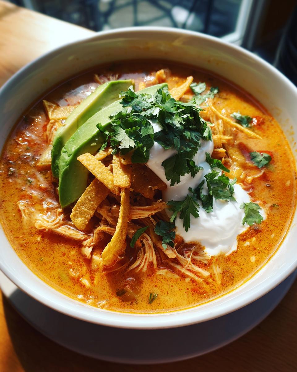 Close-up of a bowl of rich, orange tortilla soup recipe topped with shredded chicken, avocado, sour cream, and cilantro.