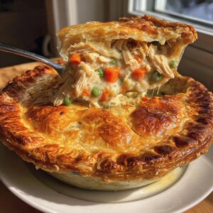 A serving spoon lifts a piece of flaky crust revealing the creamy filling of a turkey pot pie with carrots and peas.