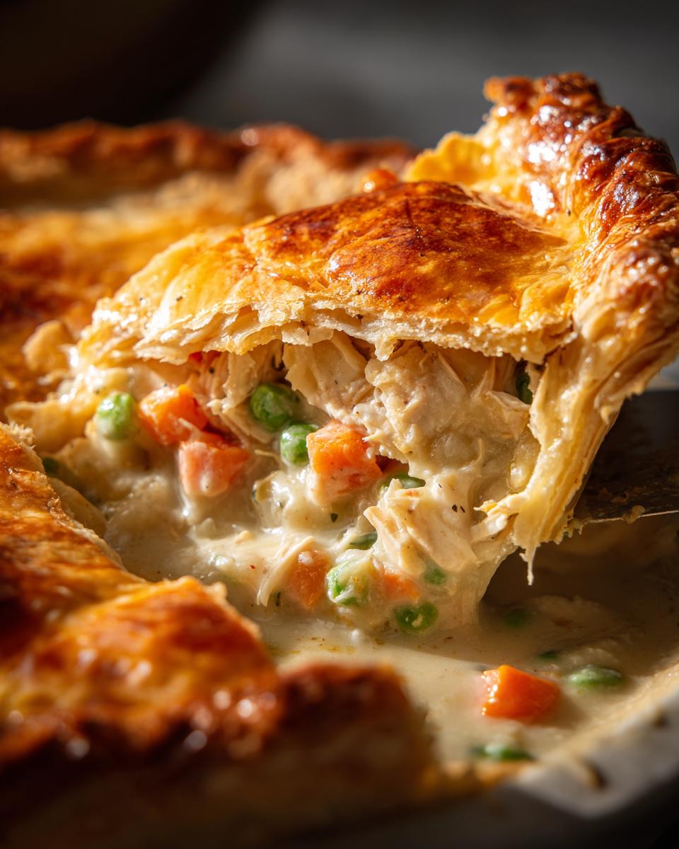 A serving spoon lifts a piece of flaky crust from a creamy turkey pot pie filled with turkey, peas, and carrots.