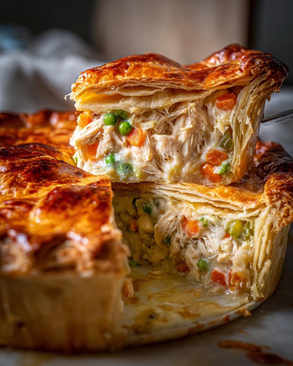 A slice of amazing turkey pot pie being lifted, showing creamy filling with shredded turkey, carrots, and peas under a golden, flaky crust.
