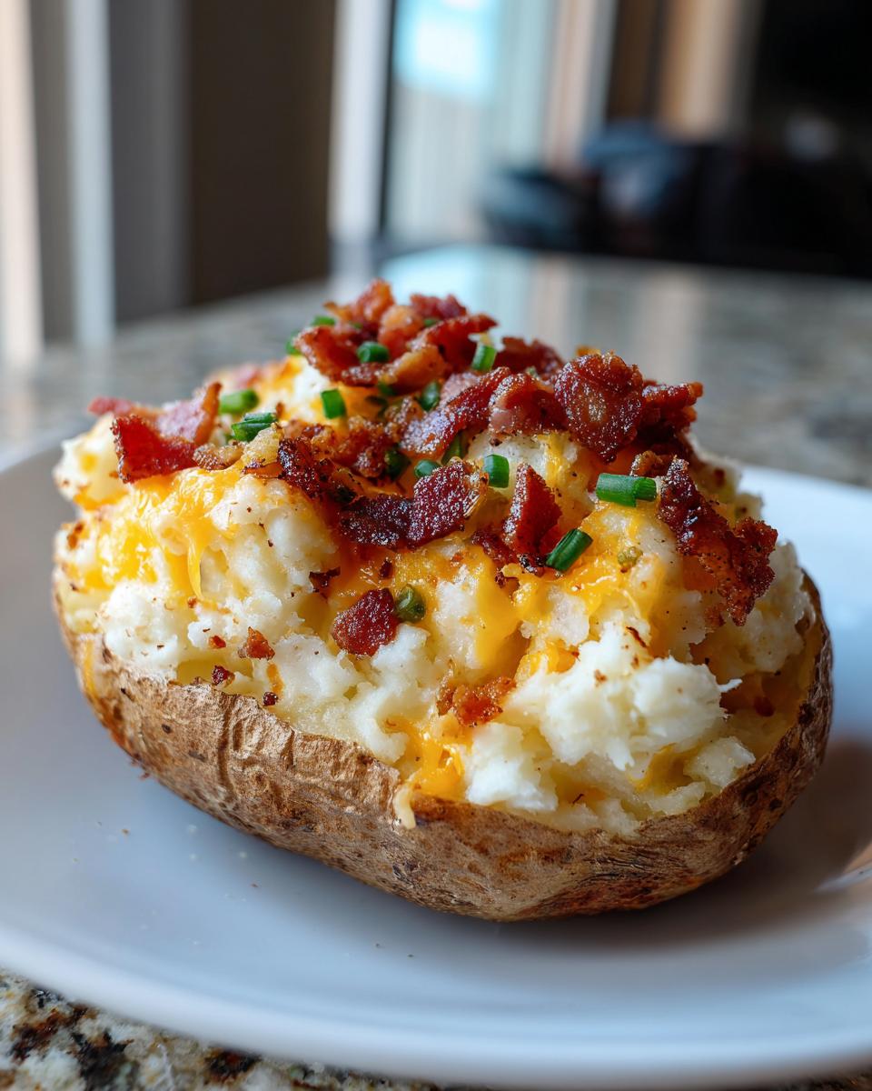 A close-up of a perfectly prepared twice baked potato loaded with melted cheddar, crispy bacon, and chives.