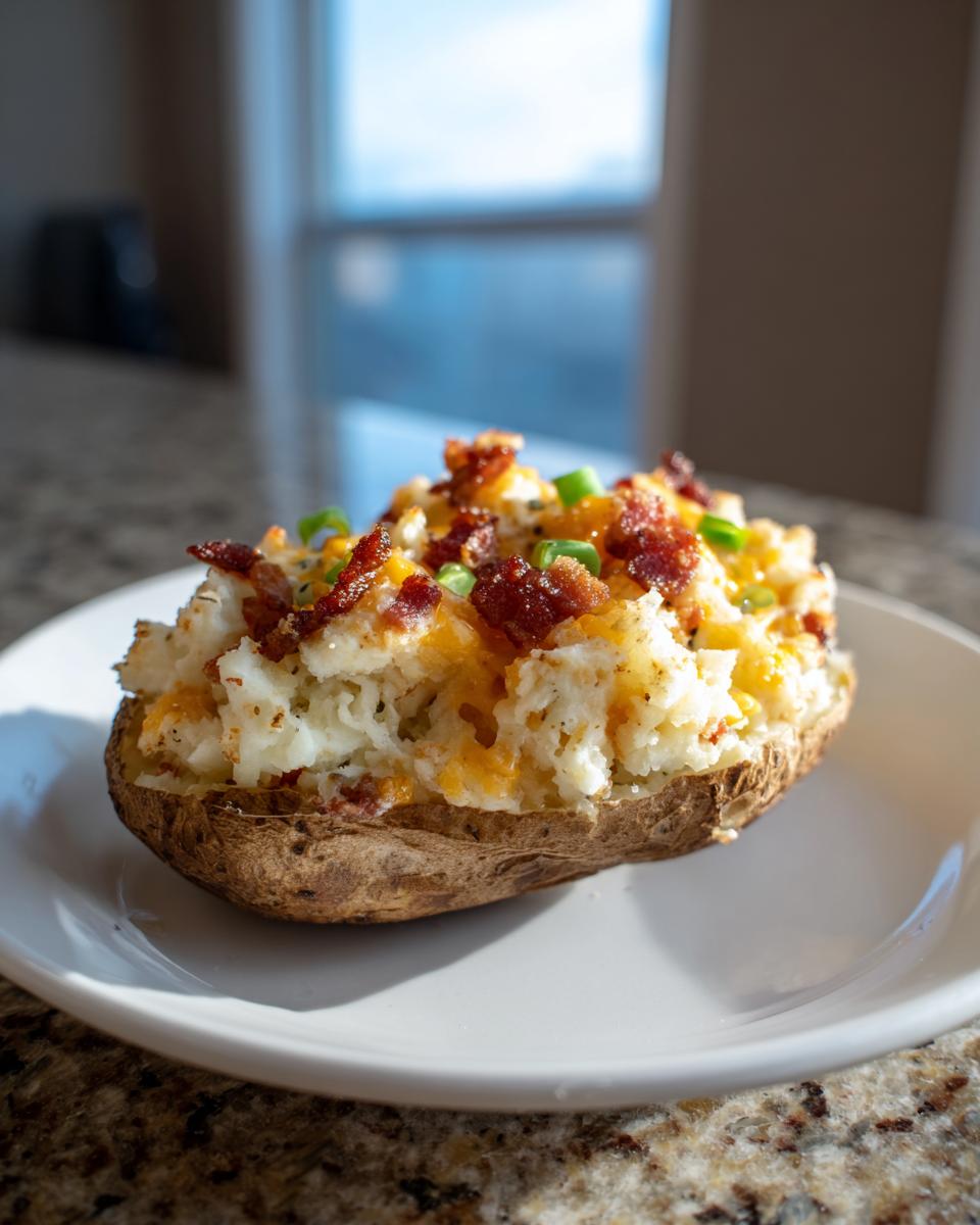 A fluffy twice baked potato loaded with cheese, bacon bits, and green onions, served on a white plate.