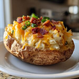 A perfectly loaded twice baked potato topped with melted cheddar cheese, crispy bacon bits, and green onions.