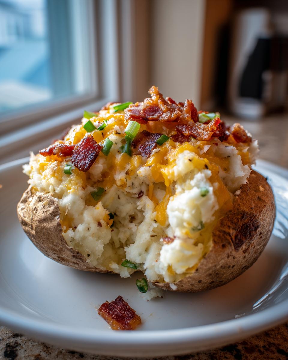 A perfectly loaded twice baked potato filled with creamy mash, cheddar cheese, bacon bits, and chives.