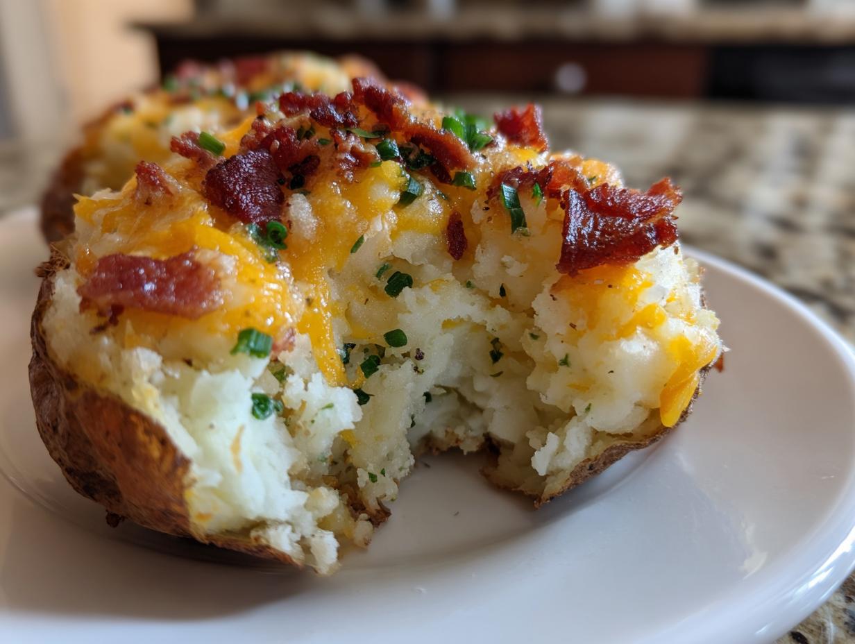 Close-up of an amazing twice baked potato, stuffed with creamy filling, melted cheddar cheese, bacon bits, and chives.