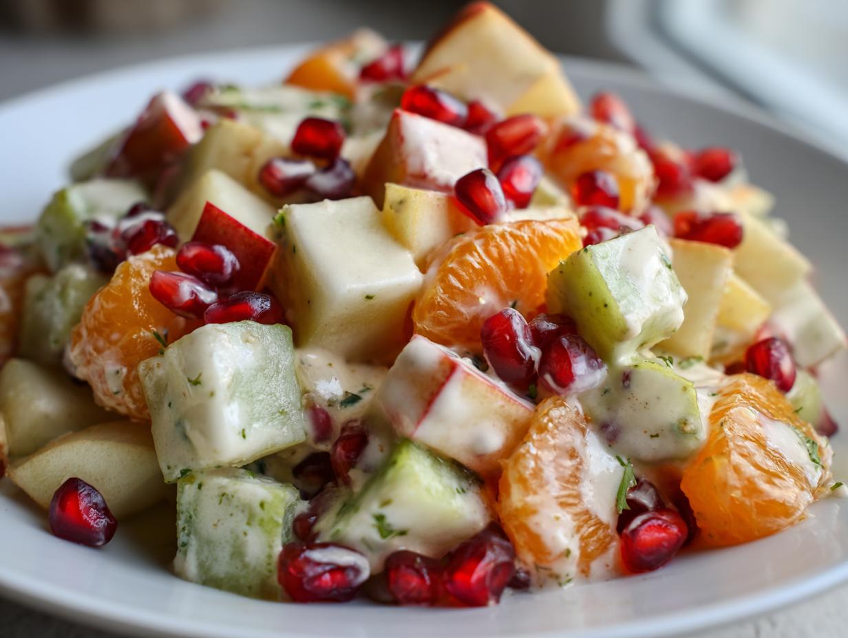 Close-up of a creamy winter fruit salad featuring diced apples, orange segments, and bright red pomegranate seeds.