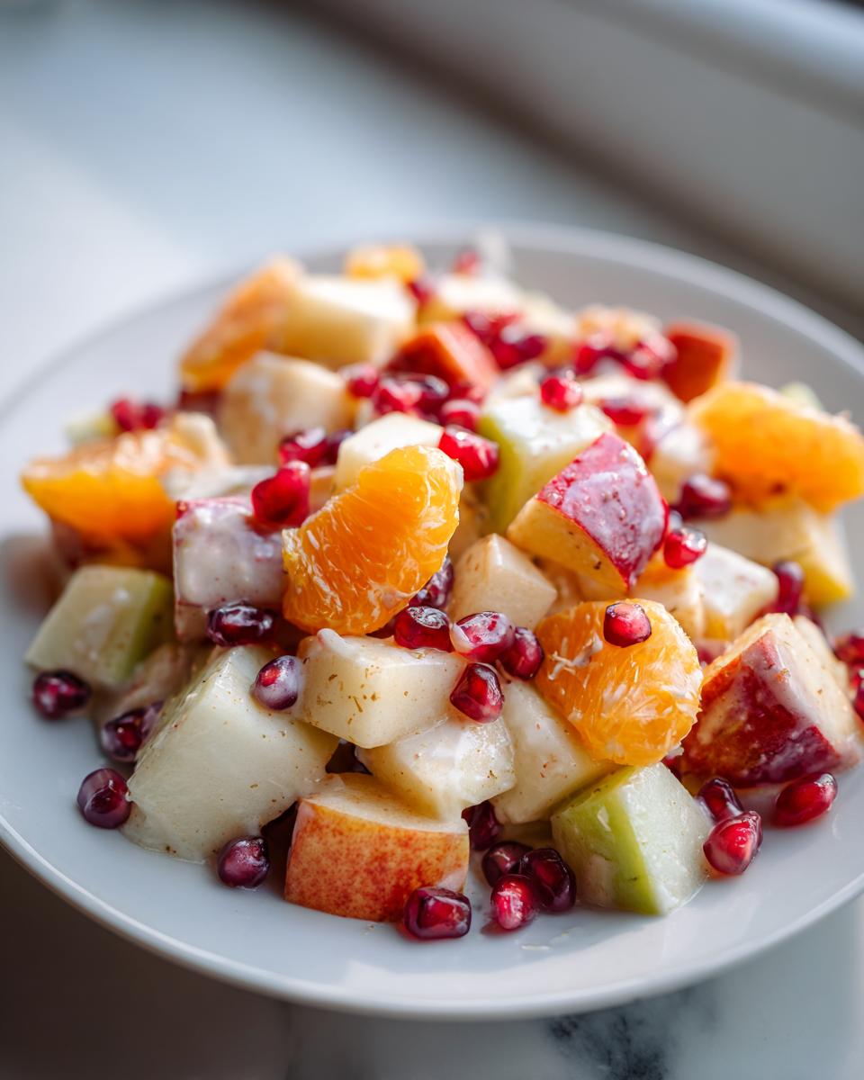 Close-up of a delicious winter fruit salad featuring diced apples, oranges, and pomegranate seeds coated in a light dressing.