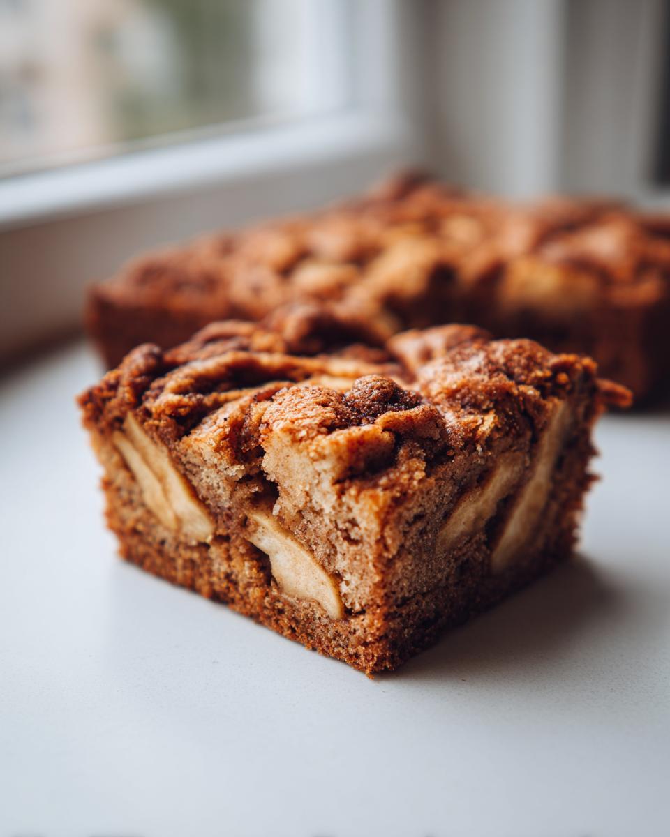 A close-up, focused shot of a moist square of apple brownies featuring visible chunks of apple inside.