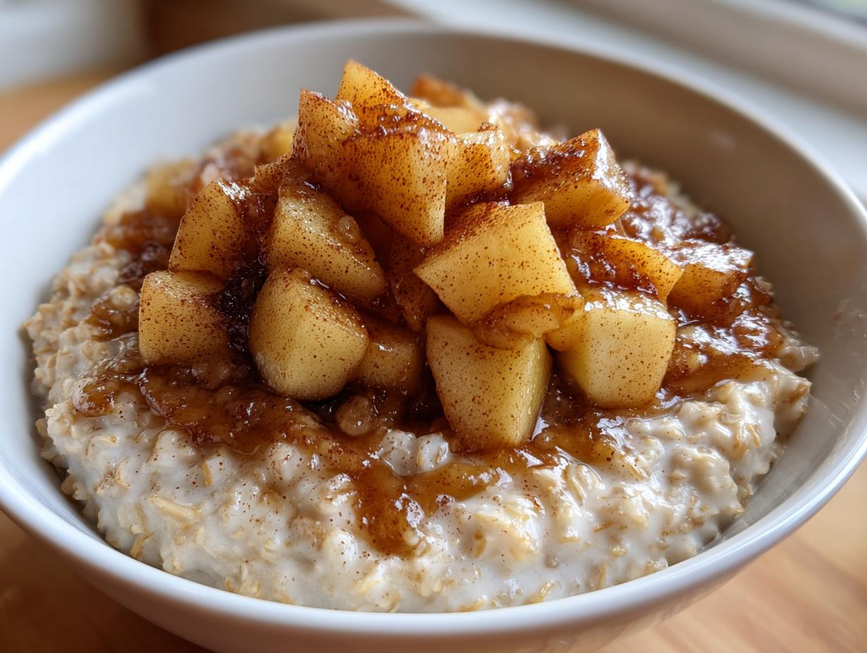 A close-up view of creamy apple cinnamon oatmeal topped with caramelized, cinnamon-dusted apple chunks.