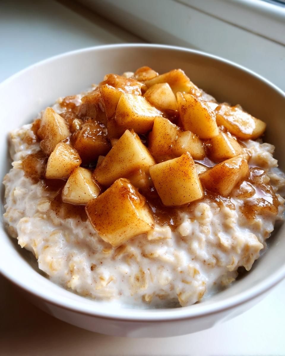 A close-up shot of creamy apple cinnamon oatmeal topped generously with caramelized, cinnamon-dusted apple chunks.