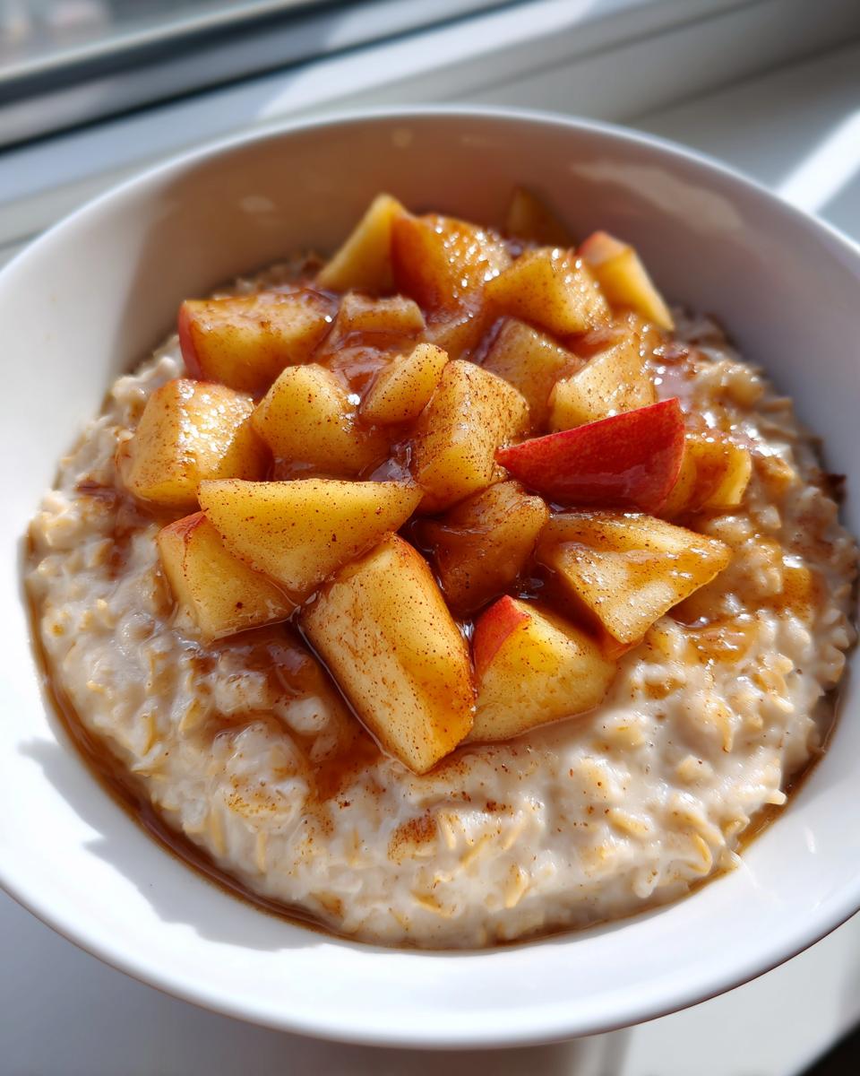 A close-up view of creamy apple cinnamon oatmeal topped with diced, caramelized apples dusted with cinnamon.