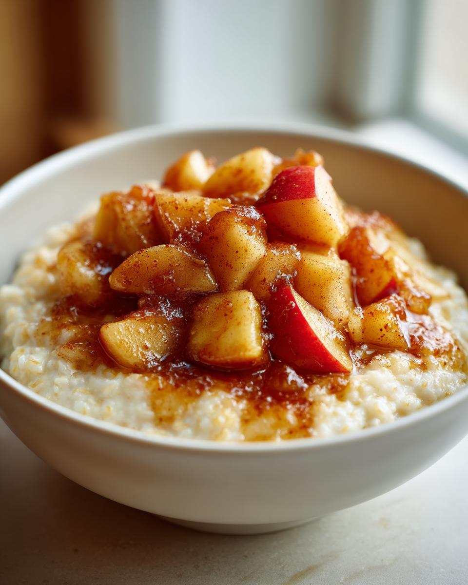 Close-up of creamy apple cinnamon oatmeal topped with caramelized, cinnamon-spiced apple chunks.