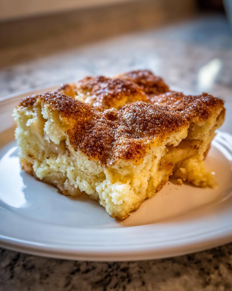 Close-up of two squares of moist apple cobbler recipe topped with a thick layer of cinnamon sugar.