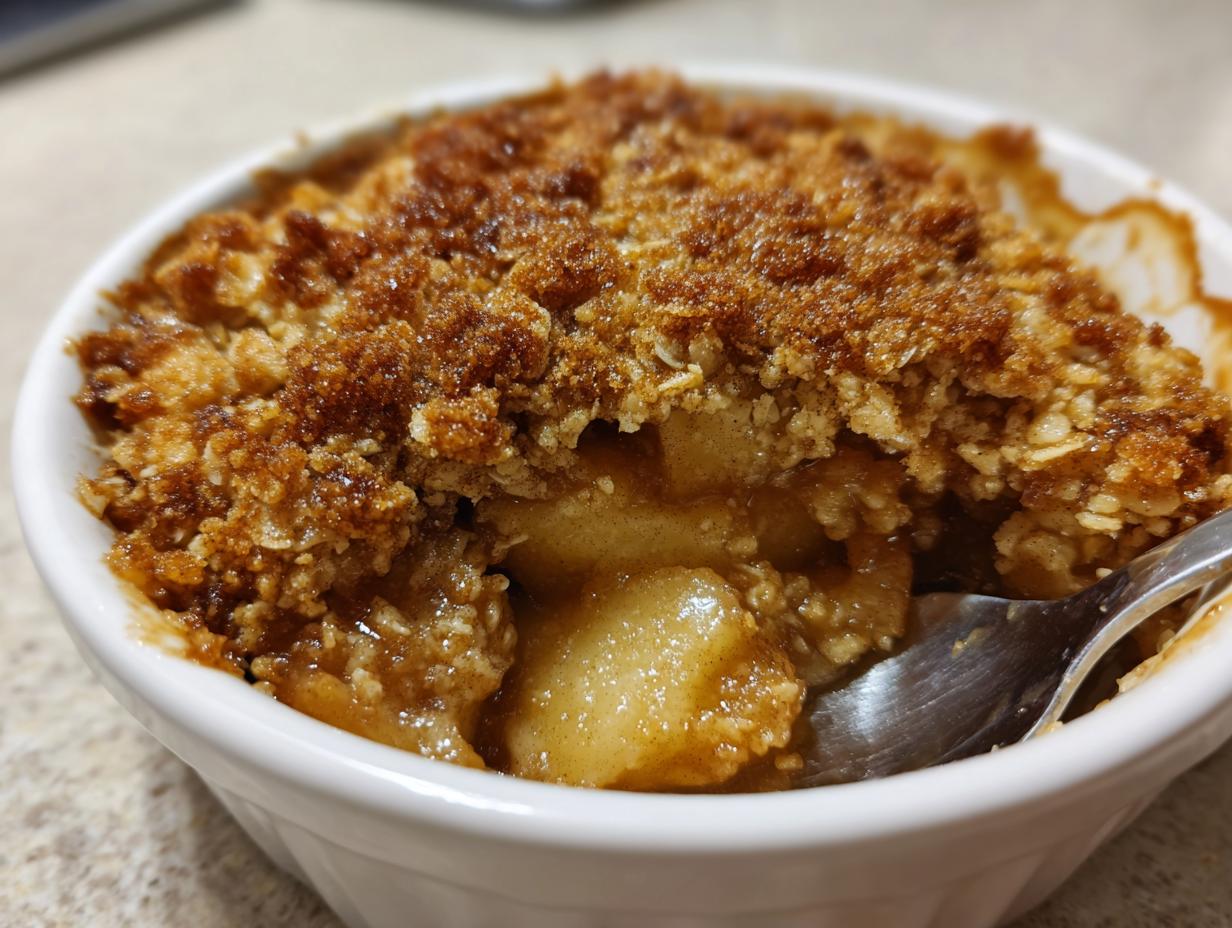 Close-up of a warm serving of apple crisp recipe in a white ramekin, showing gooey apples and a crunchy oat topping.