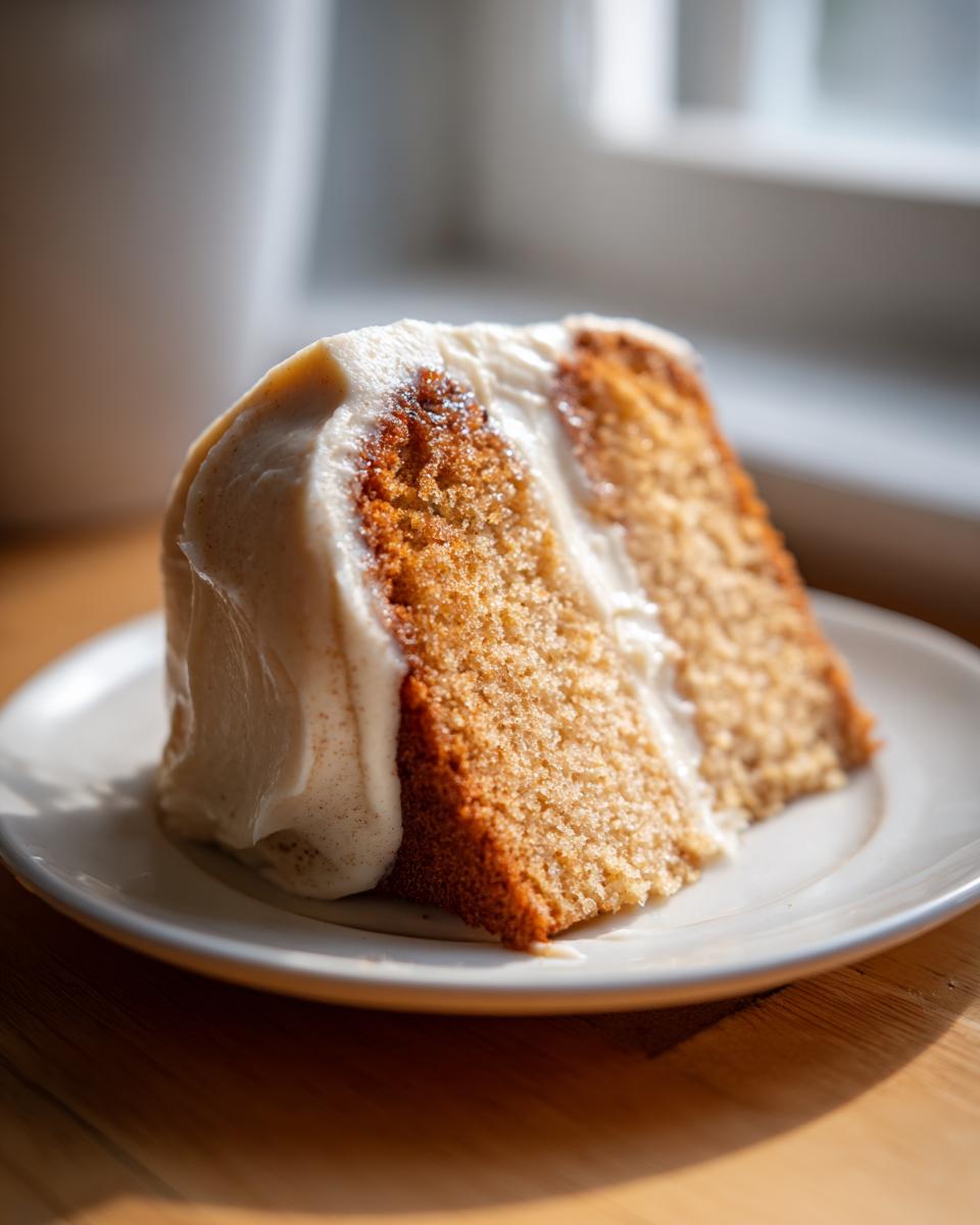 A close-up shot of a moist slice of applesauce cake topped with thick cream cheese frosting.