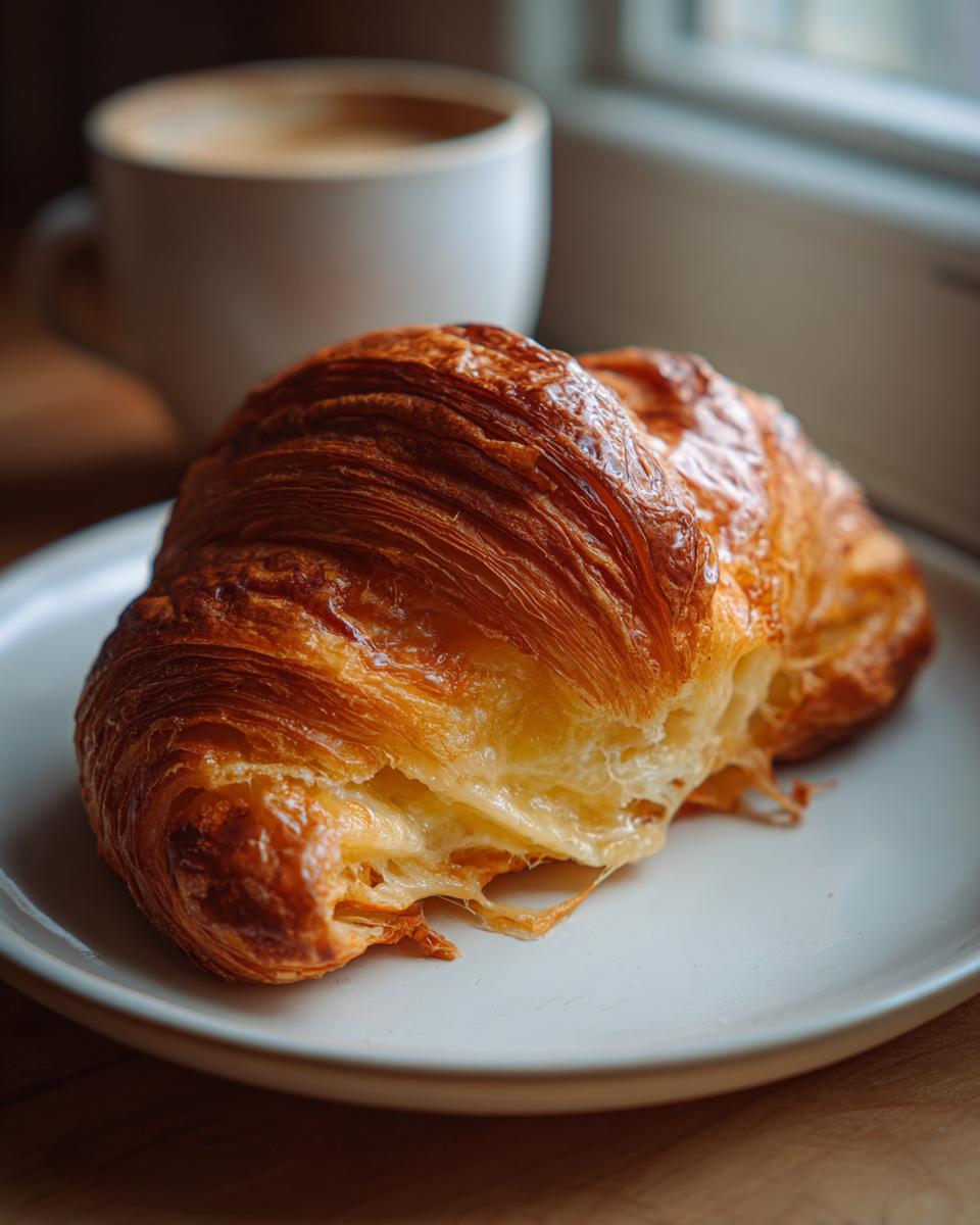 Close-up of a flaky, golden baked ham and cheese croissant with melted cheese oozing out, served on a white plate.