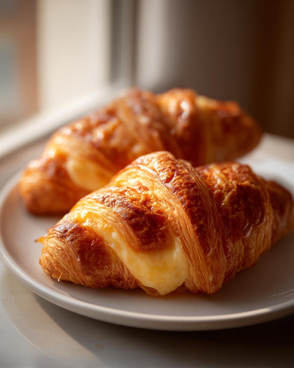 Two golden brown baked ham and cheese croissants with melted cheese oozing out, resting on a white plate.