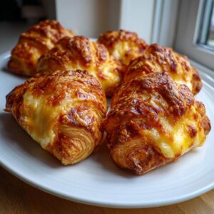 Close-up of several golden-brown baked ham and cheese croissants topped with melted, bubbly cheese.
