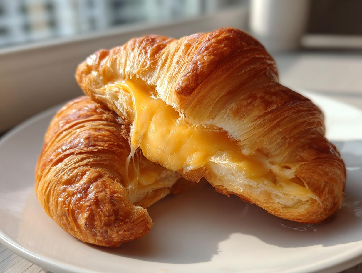 Close-up of two golden baked ham and cheese croissants stacked, showing gooey, melted cheese oozing out.