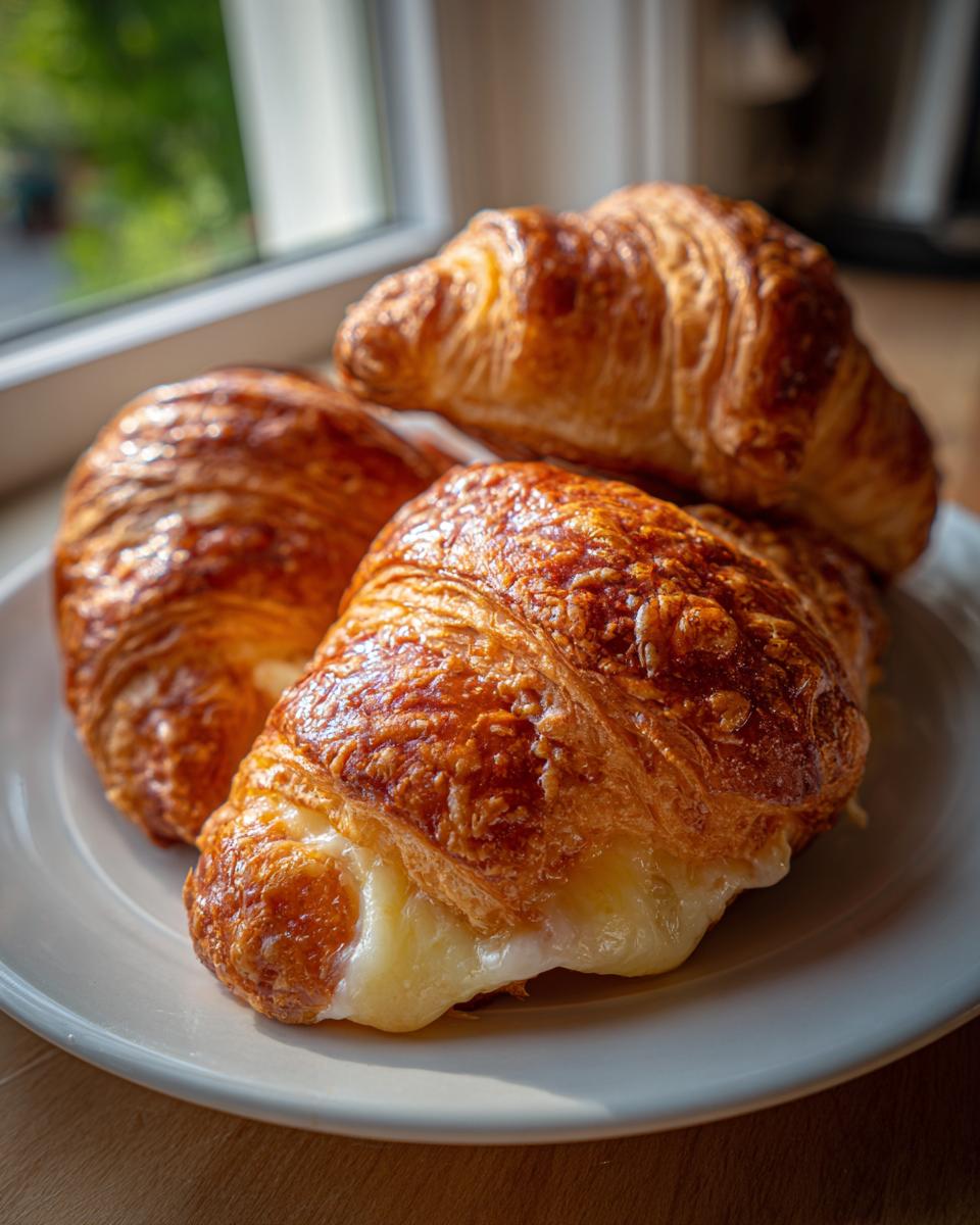 Three golden brown baked ham and cheese croissants stacked on a white plate, with melted cheese oozing out.