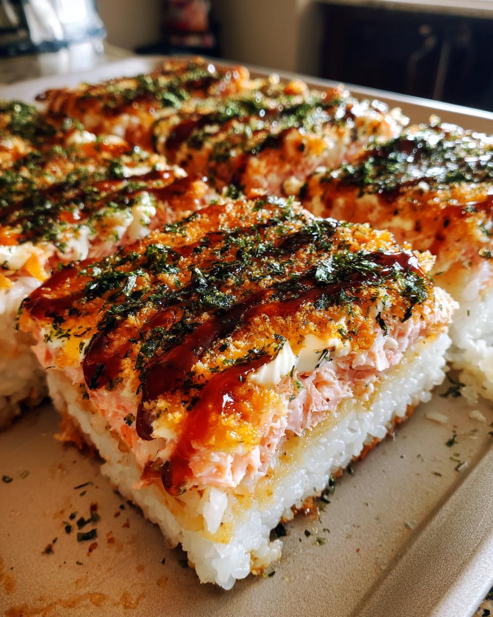 A close-up, cross-section view of a square portion of baked salmon sushi bake topped with sauce and seaweed.