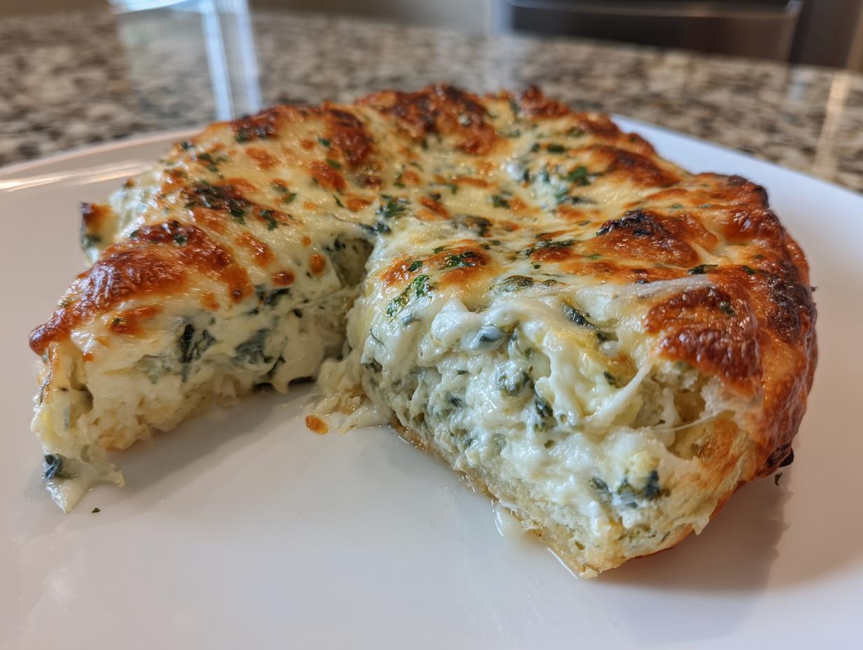 A serving of baked spinach artichoke dip with a golden, bubbly cheese top, cut open to show the creamy filling.