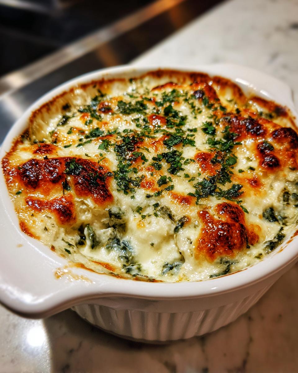 Close-up of hot, baked spinach artichoke dip with bubbly, browned cheese and fresh parsley garnish.