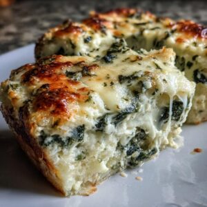 Close-up of a thick slice of baked spinach artichoke dip showing melted cheese and green spinach.