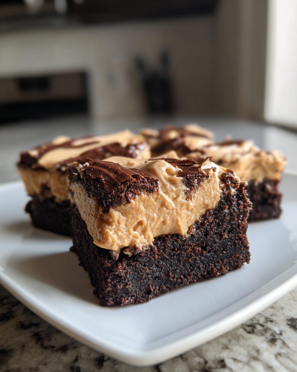 Close-up of thick banana bread brownies topped with creamy peanut butter frosting and chocolate drizzle.